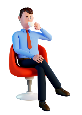 Homme buvant du café assis sur une chaise de bureau rouge  3D Illustration