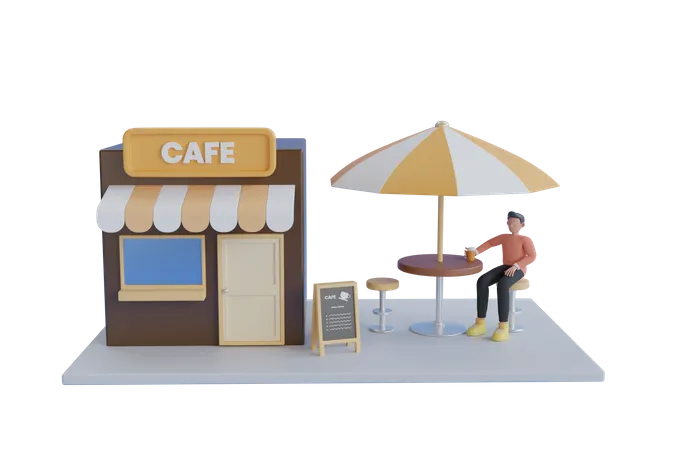 Homme buvant du café au Café Shop  3D Illustration