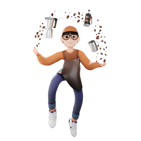 Homme de café avec du matériel pour faire du café  3D Illustration