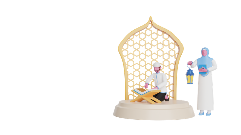 Homme célébrant Ramadhan Kareem en lisant tadarus al coran  3D Illustration