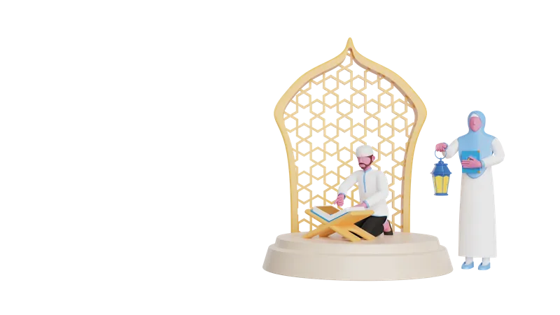 Homme célébrant Ramadhan Kareem en lisant tadarus al coran  3D Illustration