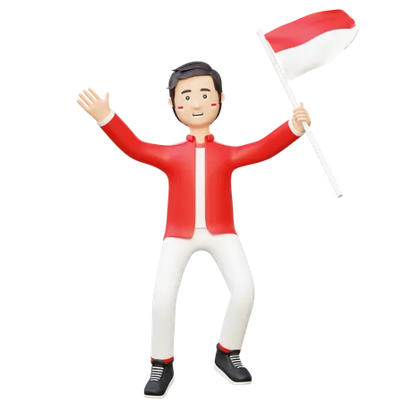 Un homme célèbre la fête de l'indépendance indonésienne  3D Illustration