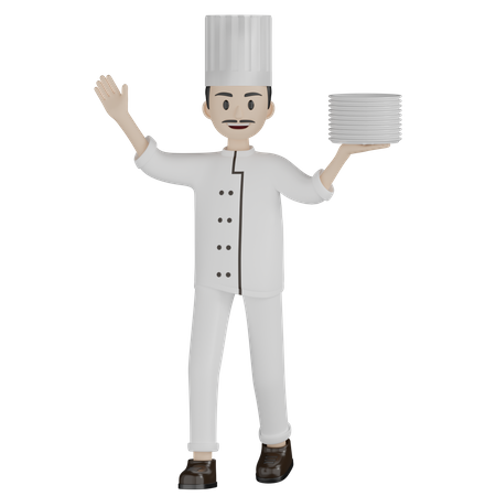 Chef masculin tenant des assiettes  3D Illustration