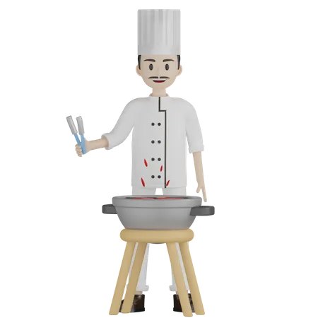 Chef masculin préparant un barbecue  3D Illustration