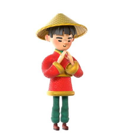 Homme chinois avec une position de main respectueuse  3D Illustration