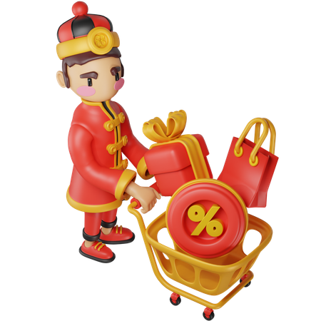 Homme chinois faisant du shopping de vente  3D Illustration