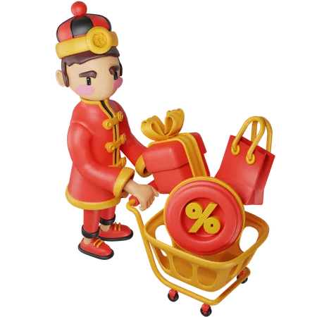 Homme chinois faisant du shopping de vente  3D Illustration