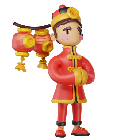 Homme chinois tenant des lanternes rouges  3D Illustration