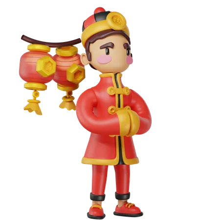 Homme chinois tenant des lanternes rouges  3D Illustration