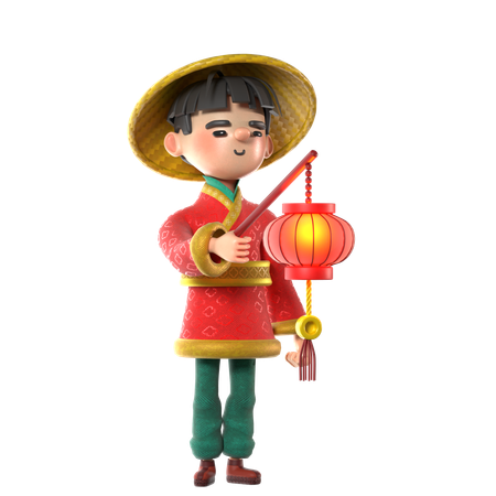 Homme chinois tenant une lanterne chinoise  3D Illustration