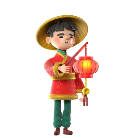 Homme chinois tenant une lanterne chinoise  3D Illustration