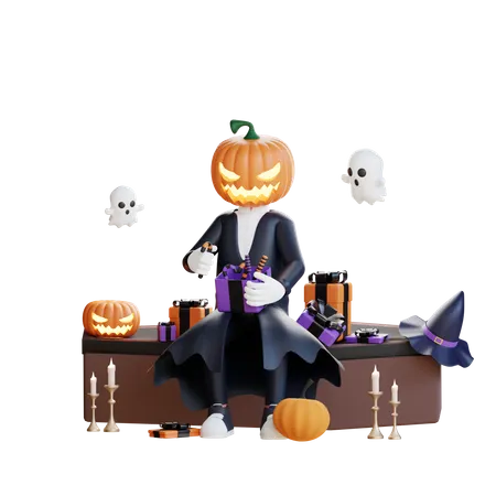 Homme citrouille avec cadeau d'Halloween  3D Illustration