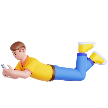 Homme allongé et utilisant un smartphone  3D Illustration