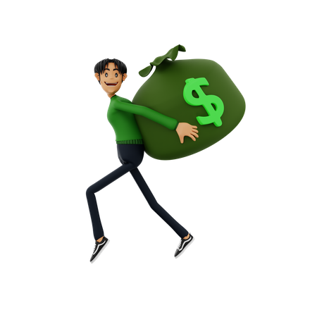 Homme qui court avec un sac d'argent  3D Illustration