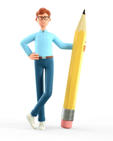 Homme créatif tenant un gros crayon  3D Illustration
