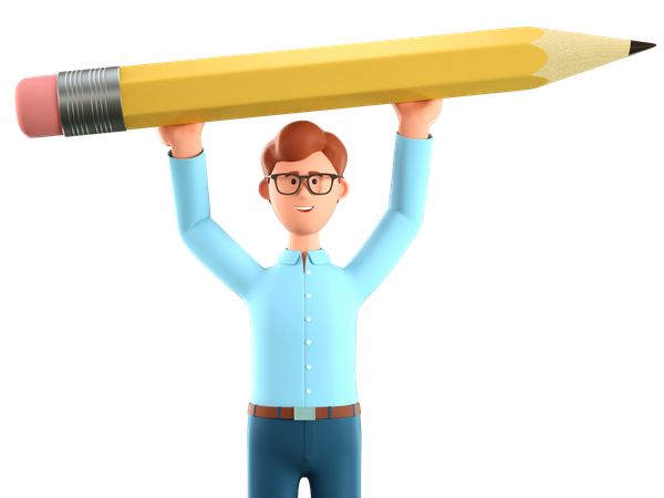 Homme créatif tenant un gros crayon au-dessus de sa tête  3D Icon