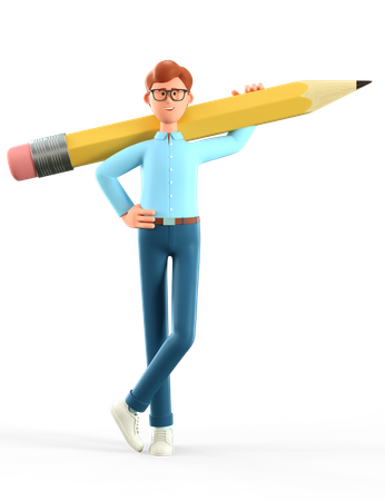 Homme créatif tenant un gros crayon sur l'épaule  3D Icon