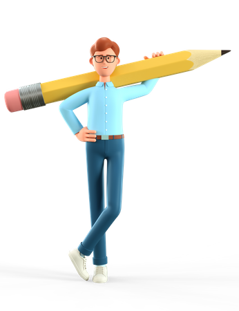 Homme créatif tenant un gros crayon sur l'épaule  3D Illustration