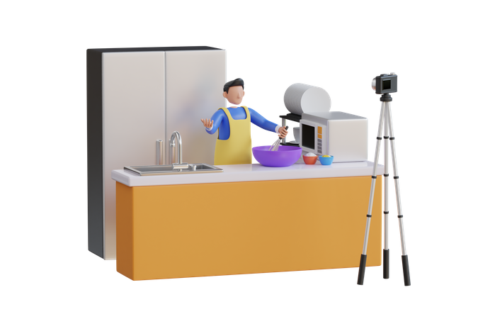 Homme cuisinant et enregistrant une vidéo culinaire pour un blog  3D Illustration