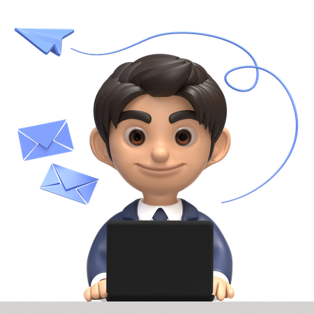 Homme d'affaires utilisant un ordinateur portable pour envoyer des e-mails  3D Illustration