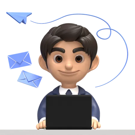 Homme d'affaires utilisant un ordinateur portable pour envoyer des e-mails  3D Illustration