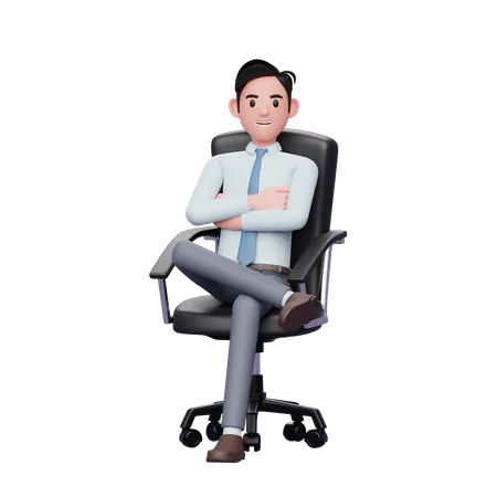 Homme d'affaires prospère assis sur une chaise, les bras croisés sur la poitrine  3D Illustration