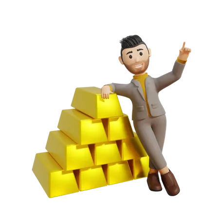 Homme d'affaires prospère, debout à côté des lingots d'or  3D Illustration
