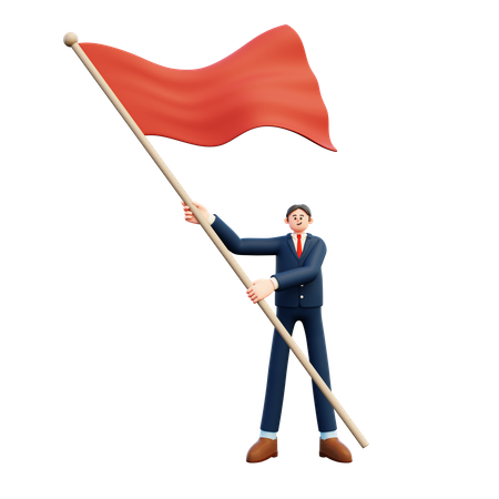 Homme d'affaires agitant un drapeau rouge  3D Illustration