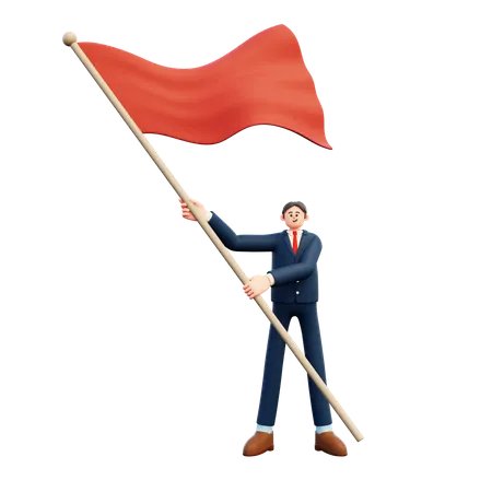 Homme d'affaires agitant un drapeau rouge  3D Illustration