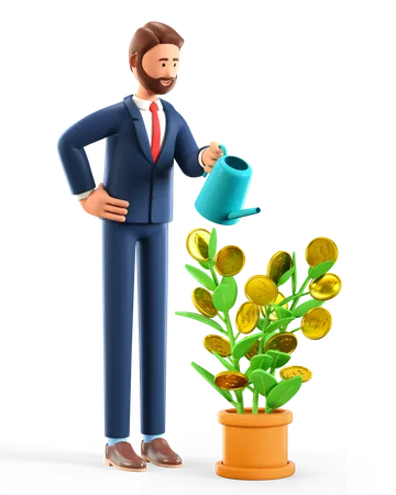 Homme d'affaires arrosant l'arbre d'argent  3D Illustration
