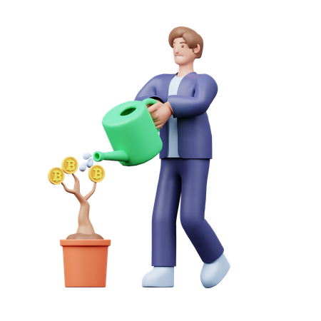 Un homme d'affaires arrosant une usine de Bitcoin  3D Illustration