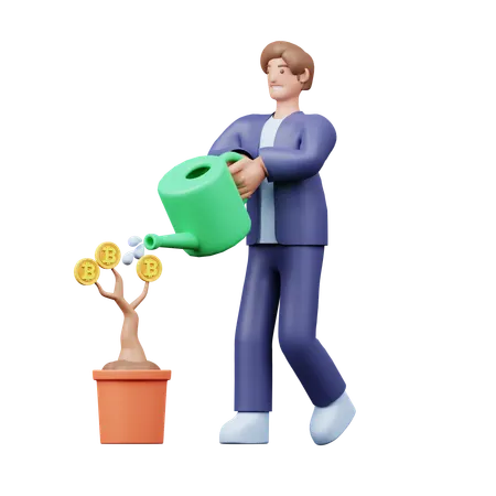 Un homme d'affaires arrosant une usine de Bitcoin  3D Illustration