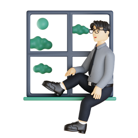Homme d'affaires assis au rebord de la fenêtre  3D Illustration