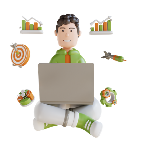Homme d'affaires assis avec l'apparence d'un ordinateur portable  3D Illustration