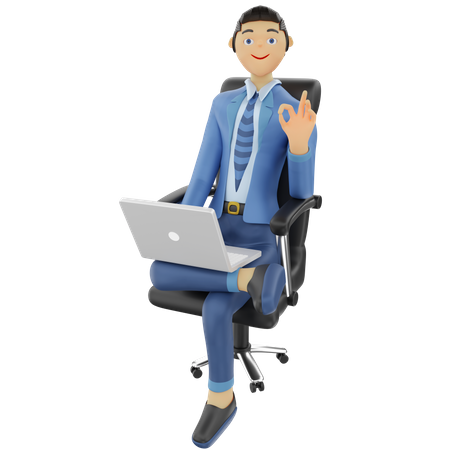 Homme d'affaires assis avec un ordinateur portable  3D Illustration