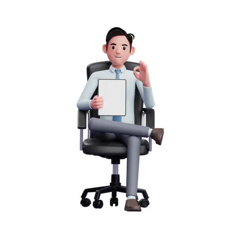 Homme d'affaires assis dans une chaise de bureau tenant une tablette et donnant un doigt ok  3D Illustration