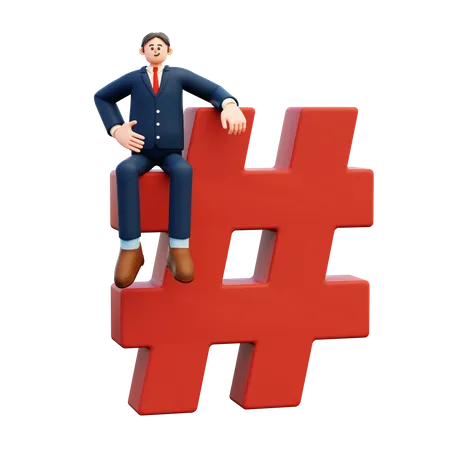 Homme d'affaires assis sur hashtag  3D Illustration