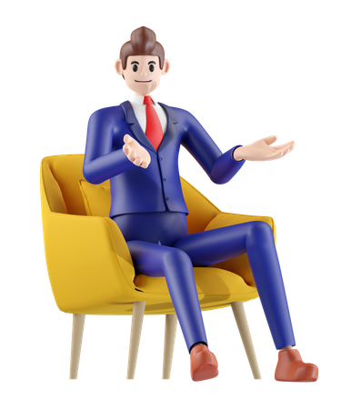 Homme d'affaires assis sur une chaise et expliquant  3D Illustration