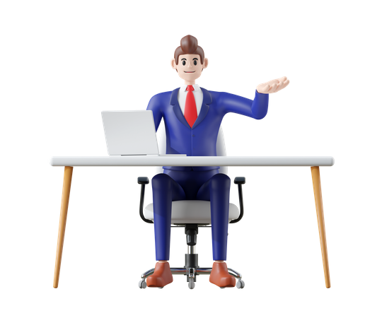 Homme d'affaires assis sur une chaise et présentant quelque chose  3D Illustration