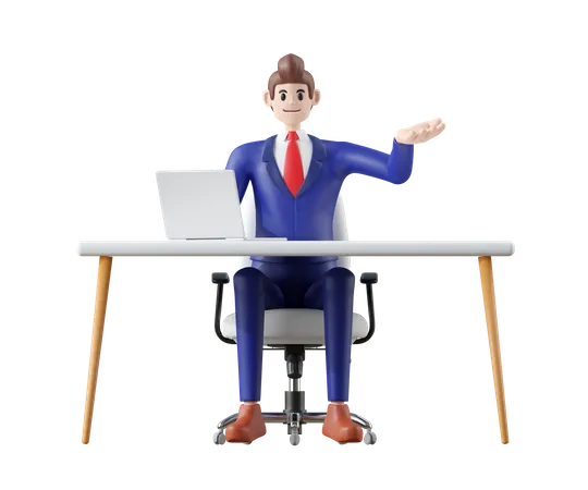 Homme d'affaires assis sur une chaise et présentant quelque chose  3D Illustration