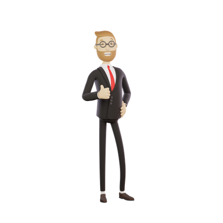 Homme d'affaires avec des lunettes montrant le geste du pouce levé  3D Illustration