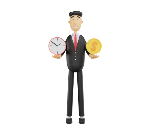 Homme d'affaires avec horloge et dollar  3D Illustration