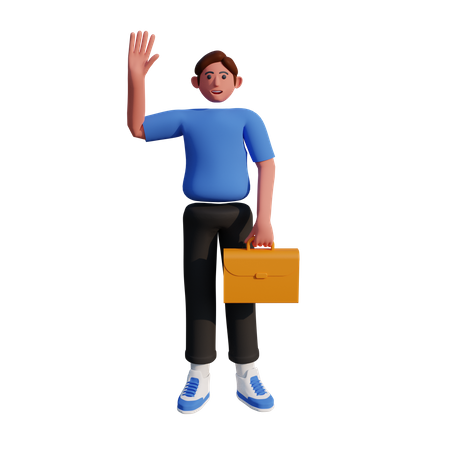 Homme d'affaires avec une mallette levant une main  3D Illustration