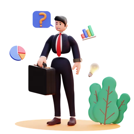 Un homme d'affaires avec une mallette réfléchit à une solution  3D Illustration