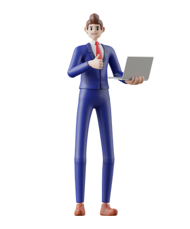 Homme d'affaires avec ordinateur portable et geste de la main ok  3D Illustration