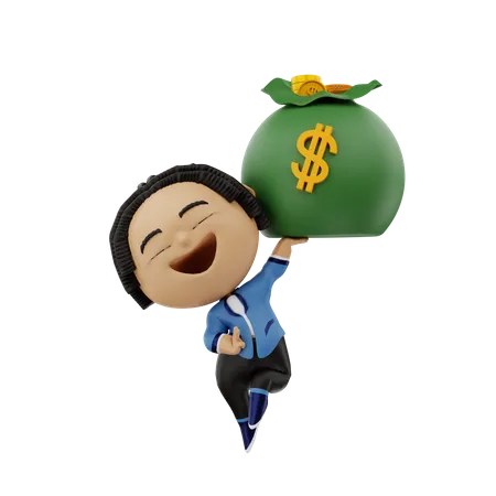 Homme d'affaires avec un sac d'argent  3D Illustration