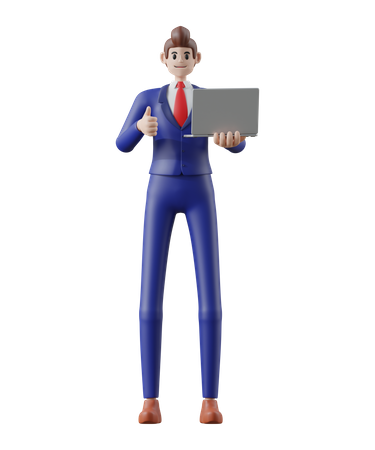 Homme d'affaires avec ordinateur portable et geste de la main ok  3D Illustration