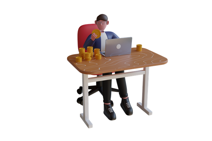 Homme d'affaires avec ordinateur portable et énorme pile de pièces d'or  3D Illustration