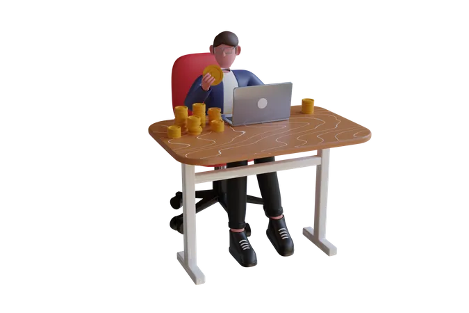 Homme d'affaires avec ordinateur portable et énorme pile de pièces d'or  3D Illustration