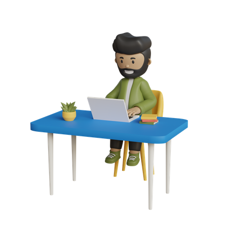 Homme d'affaires avec ordinateur portable travaillant au bureau  3D Illustration